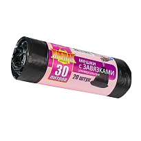 Мешки для мусора 30 л, с завязками, черные, в рулоне 20 шт., ПНД, 12 мкм, 580х500 мм, Крепак, 4607075710306 в Самаре